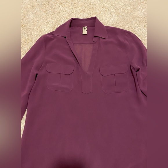 PURPLE LONG SLEEVE COLLARED VNECK MESH SEE THROUGH BLOUSE BUTTON ROLL UP CUFFS - Picture 2 of 13